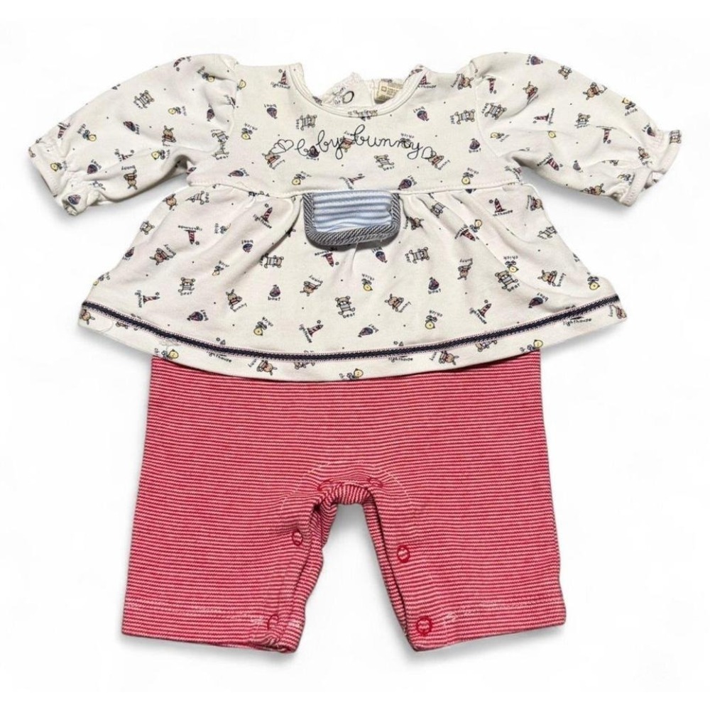 Vintage Baby Bunny 0-3 Months Dress Romper Outfit Pink Striped One Piece